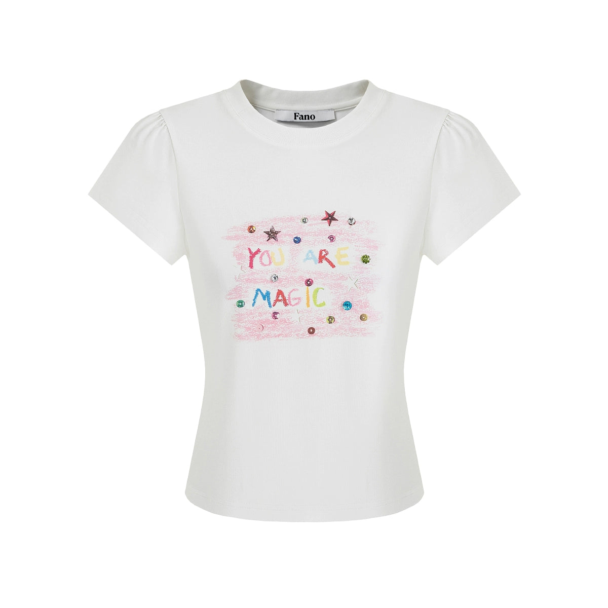 Women’s Puff Sleeve Crew Neck T-Shirt – Graffiti Crayon Print, Hand-Studded Rhinestone Design, Trendy Niche Top
