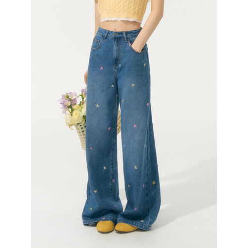 Blume Women’s Embroidered Flower Jeans – Colorful Floral Wide-Leg Trousers, Loose Fit with Elegant Drape