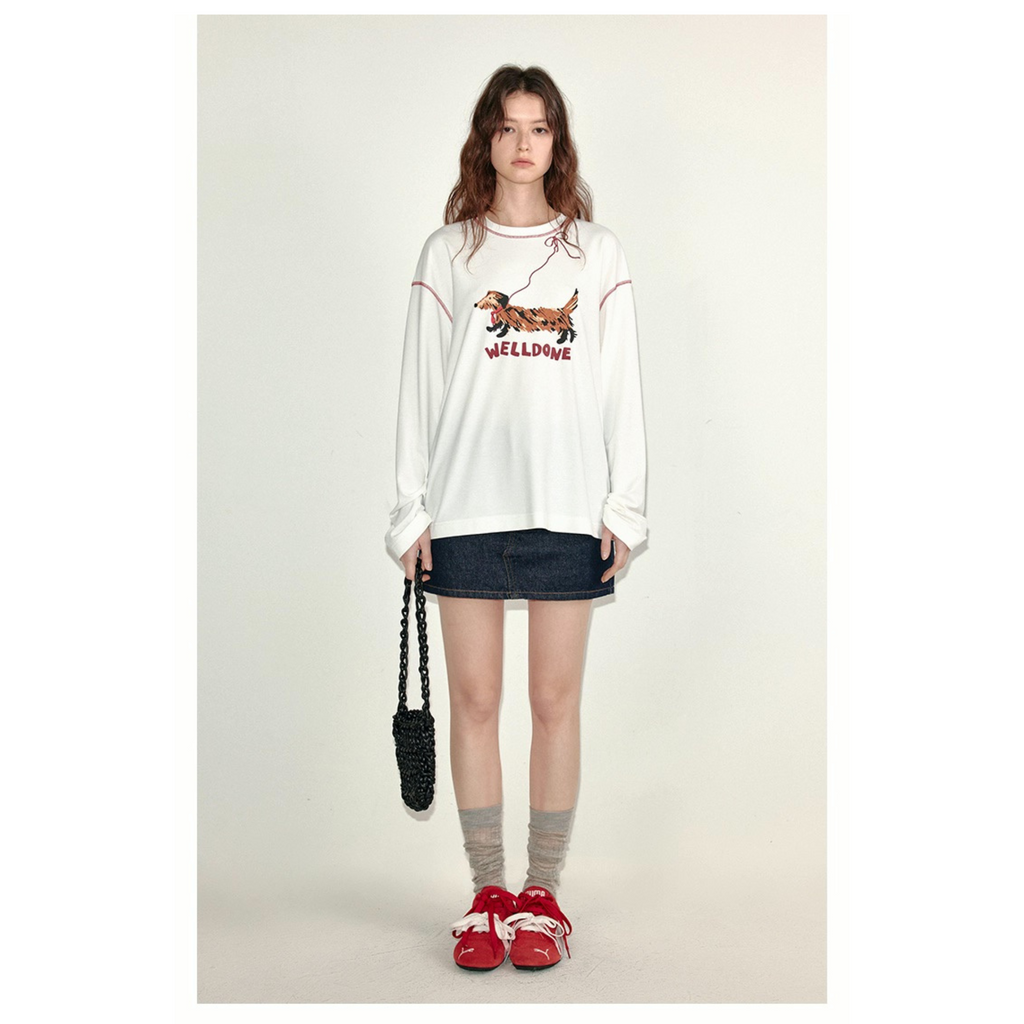 Van Lowe Blume Women’s Long Sleeve T-Shirt – Lazy Wind Leash Puppy Print, Fun Fall 2025 Casual Top