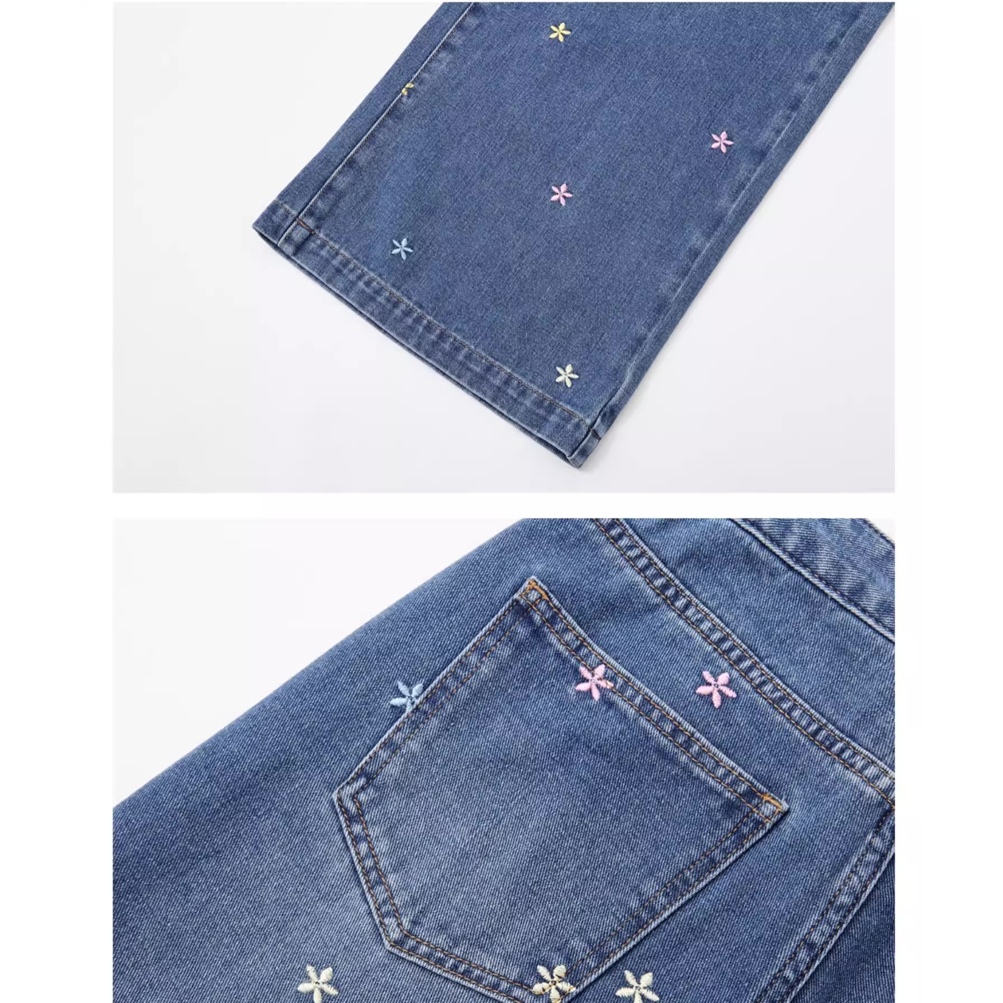 Blume Women’s Embroidered Flower Jeans – Colorful Floral Wide-Leg Trousers, Loose Fit with Elegant Drape