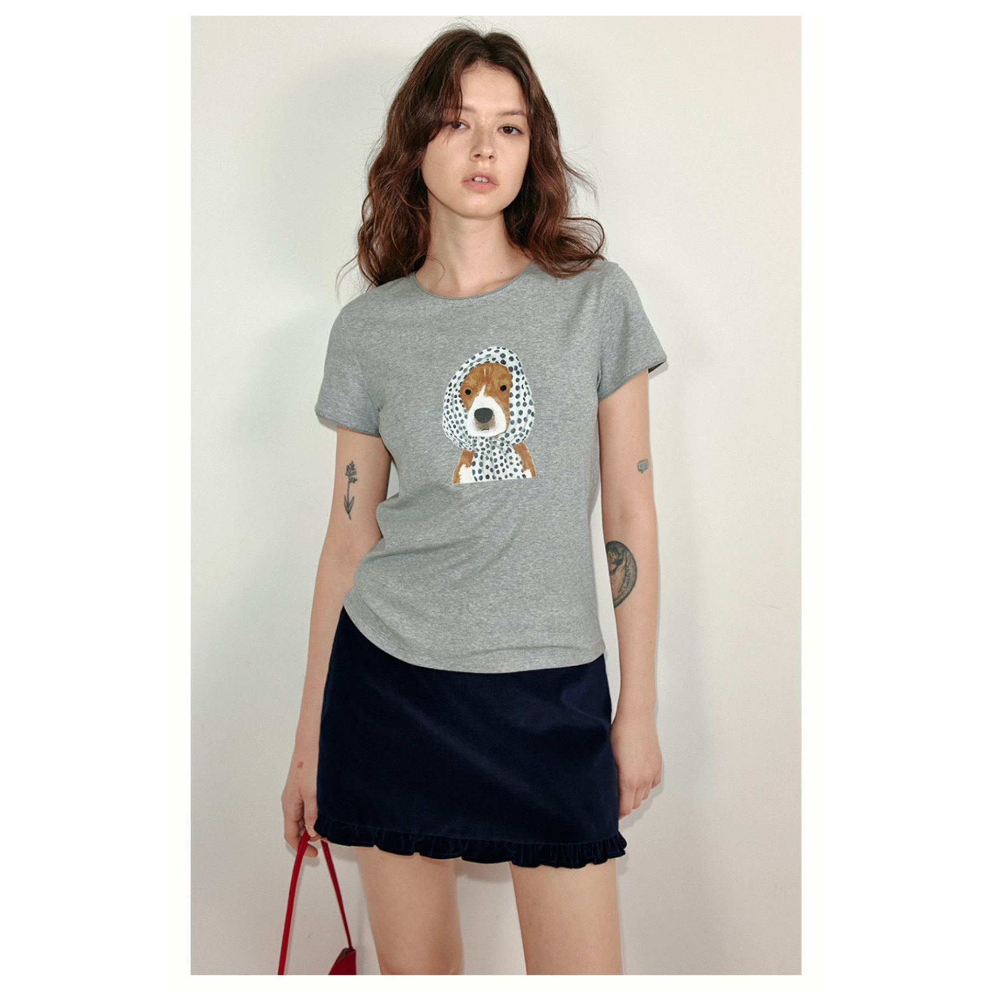 Blume Puppy Print T-Shirt – Women’s Polka Dot Scarf Graphic Tee, Lace Sleeve Summer Top