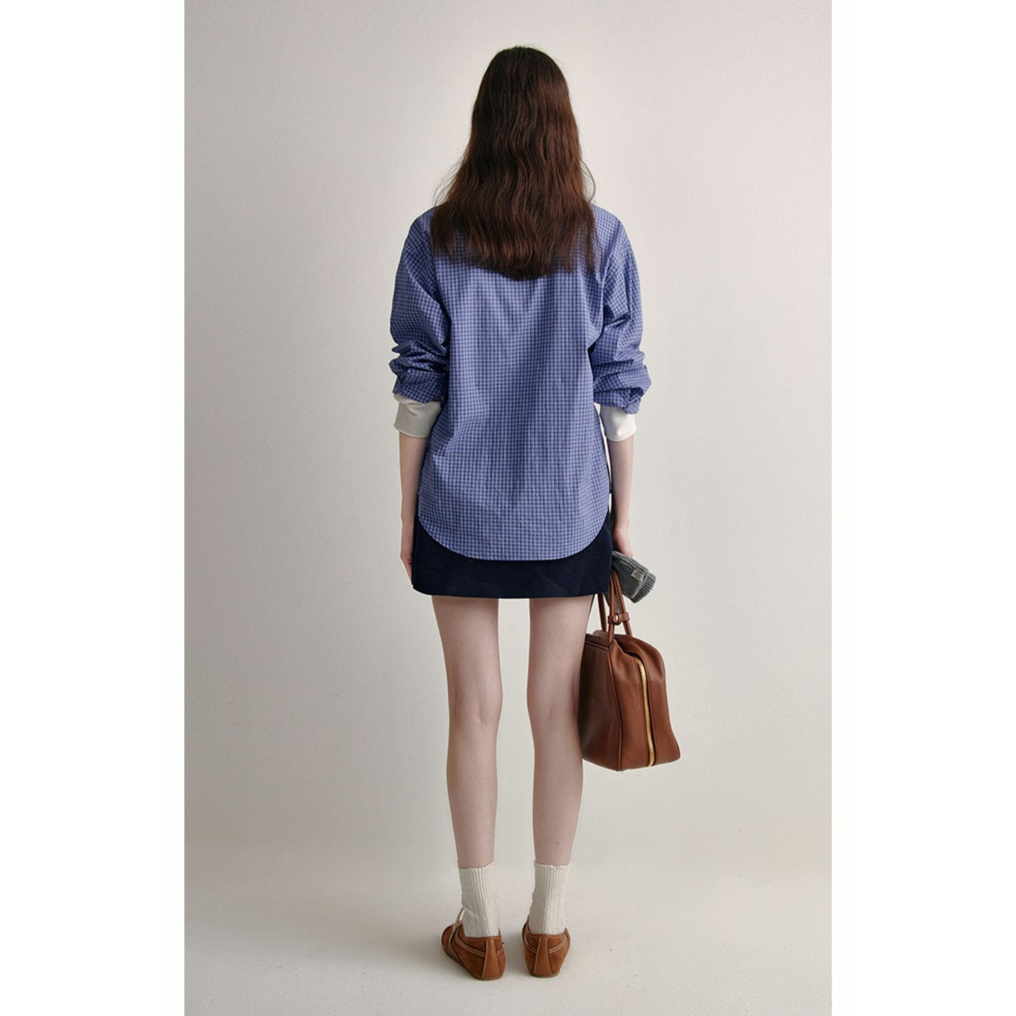 Van Lowe Retro College Plaid Shirt – Blue Loose Fit Casual Top for Women Fall 2025