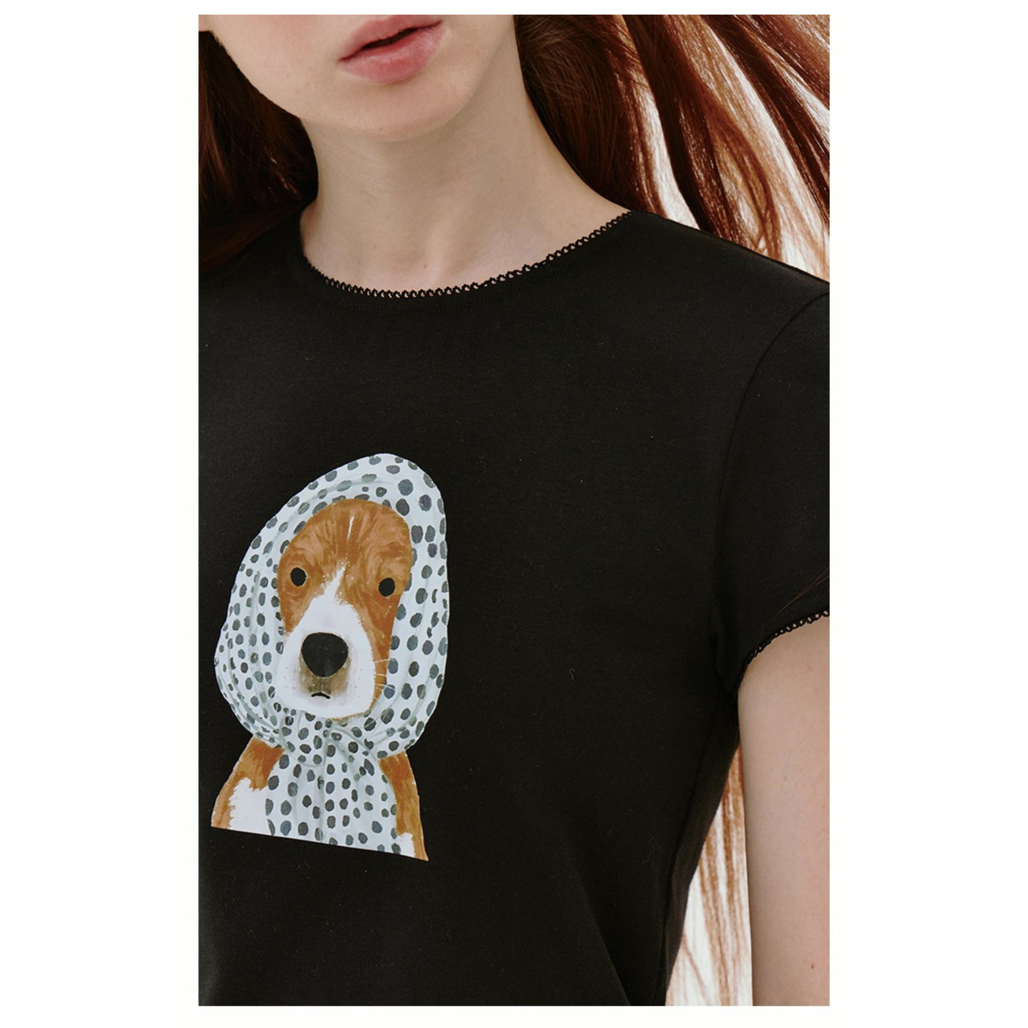 Blume Puppy Print T-Shirt – Women’s Polka Dot Scarf Graphic Tee, Lace Sleeve Summer Top