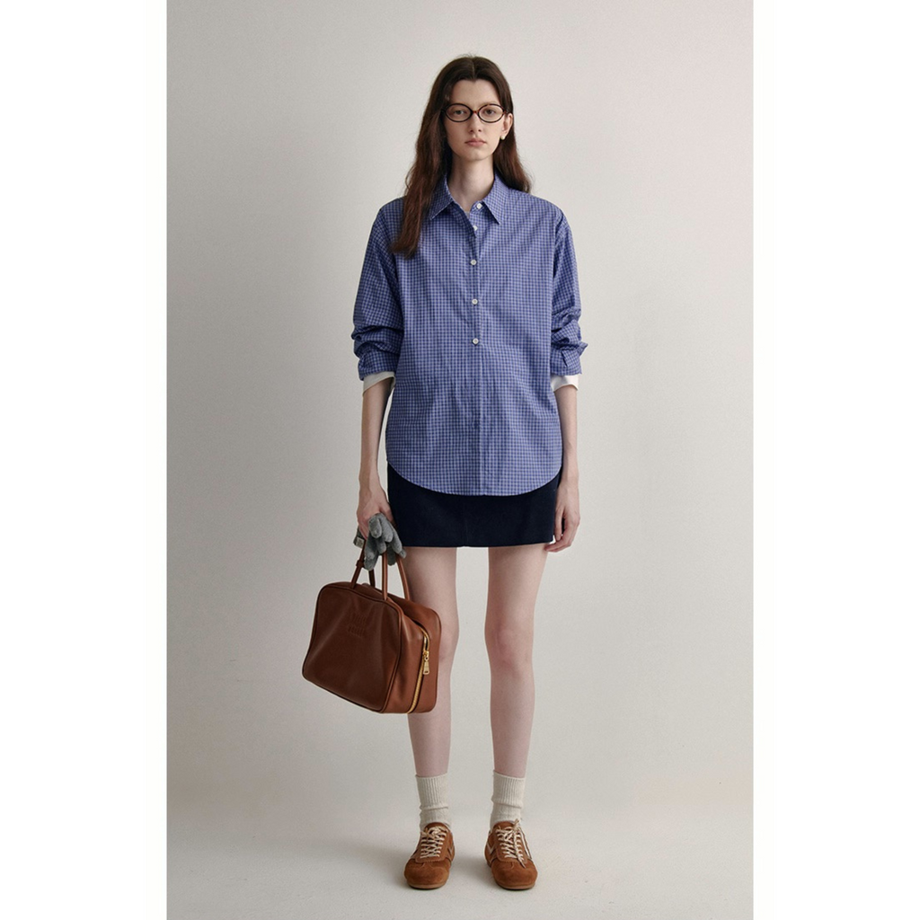 Van Lowe Retro College Plaid Shirt – Blue Loose Fit Casual Top for Women Fall 2025