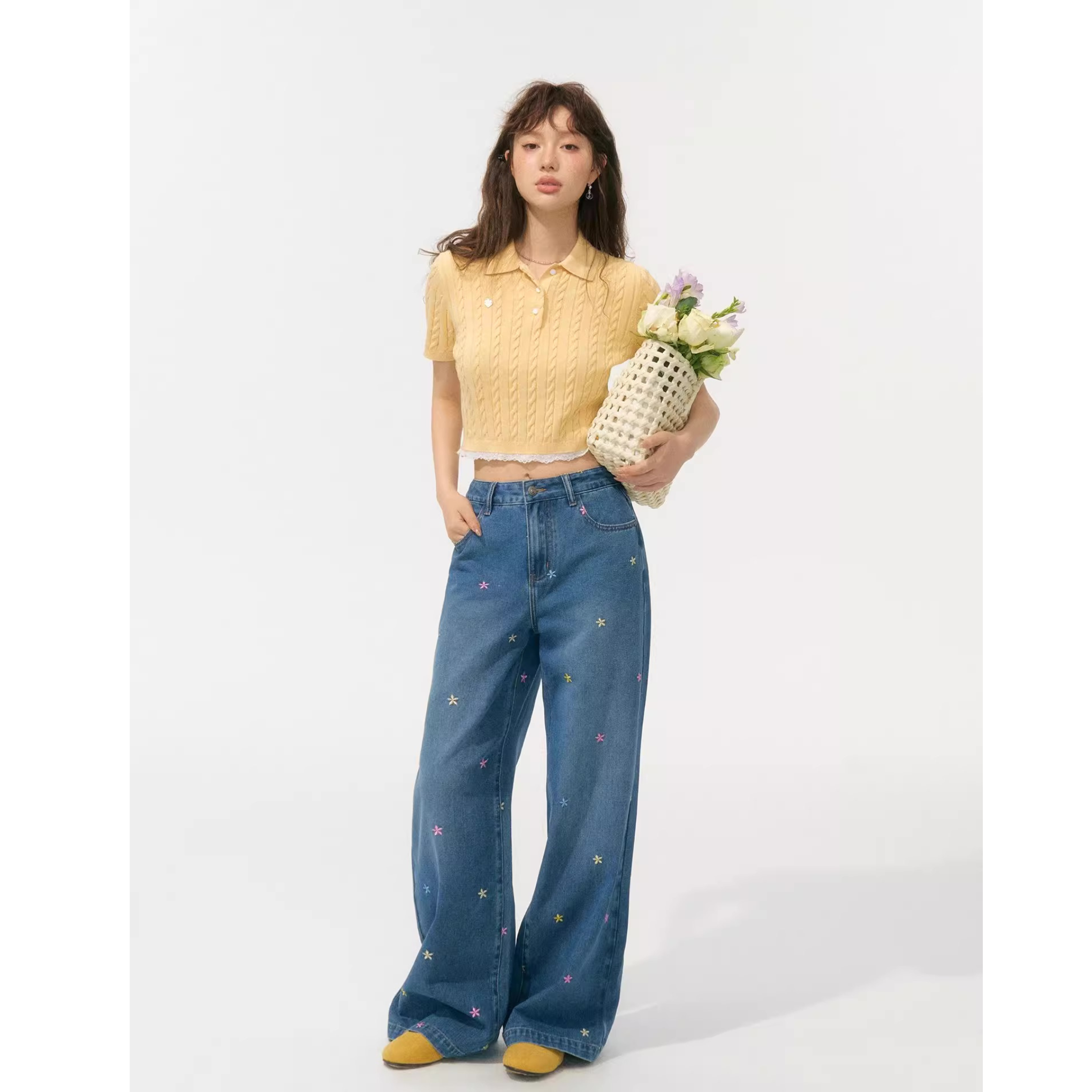 Blume Women’s Embroidered Flower Jeans – Colorful Floral Wide-Leg Trousers, Loose Fit with Elegant Drape