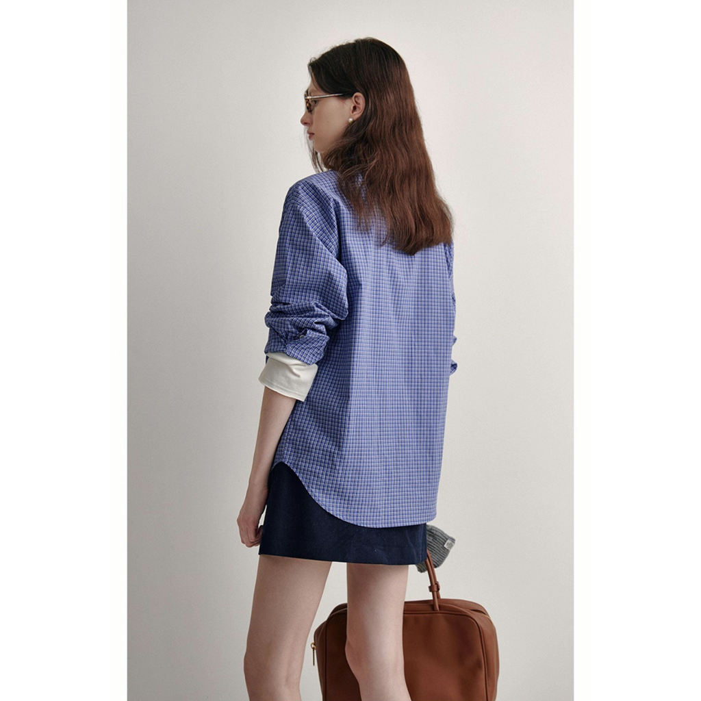 Van Lowe Retro College Plaid Shirt – Blue Loose Fit Casual Top for Women Fall 2025