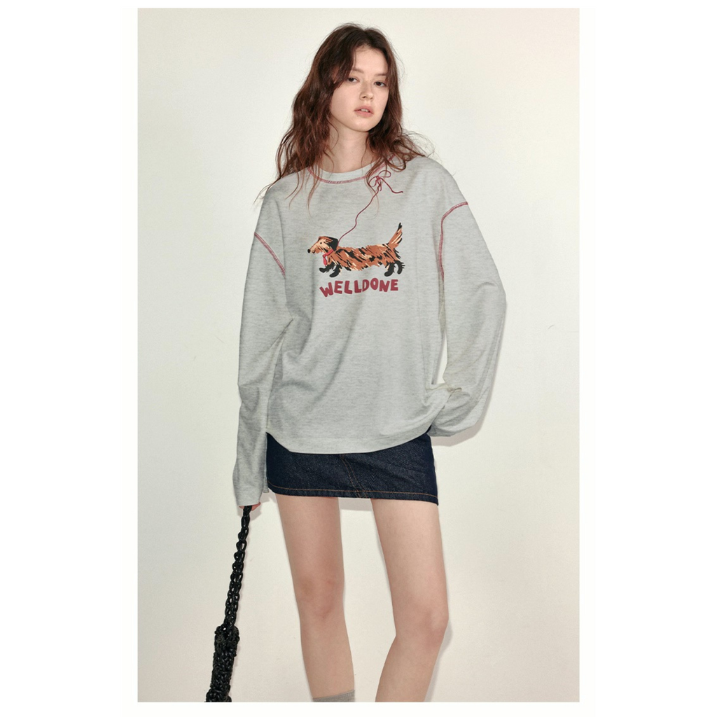 Van Lowe Blume Women’s Long Sleeve T-Shirt – Lazy Wind Leash Puppy Print, Fun Fall 2025 Casual Top