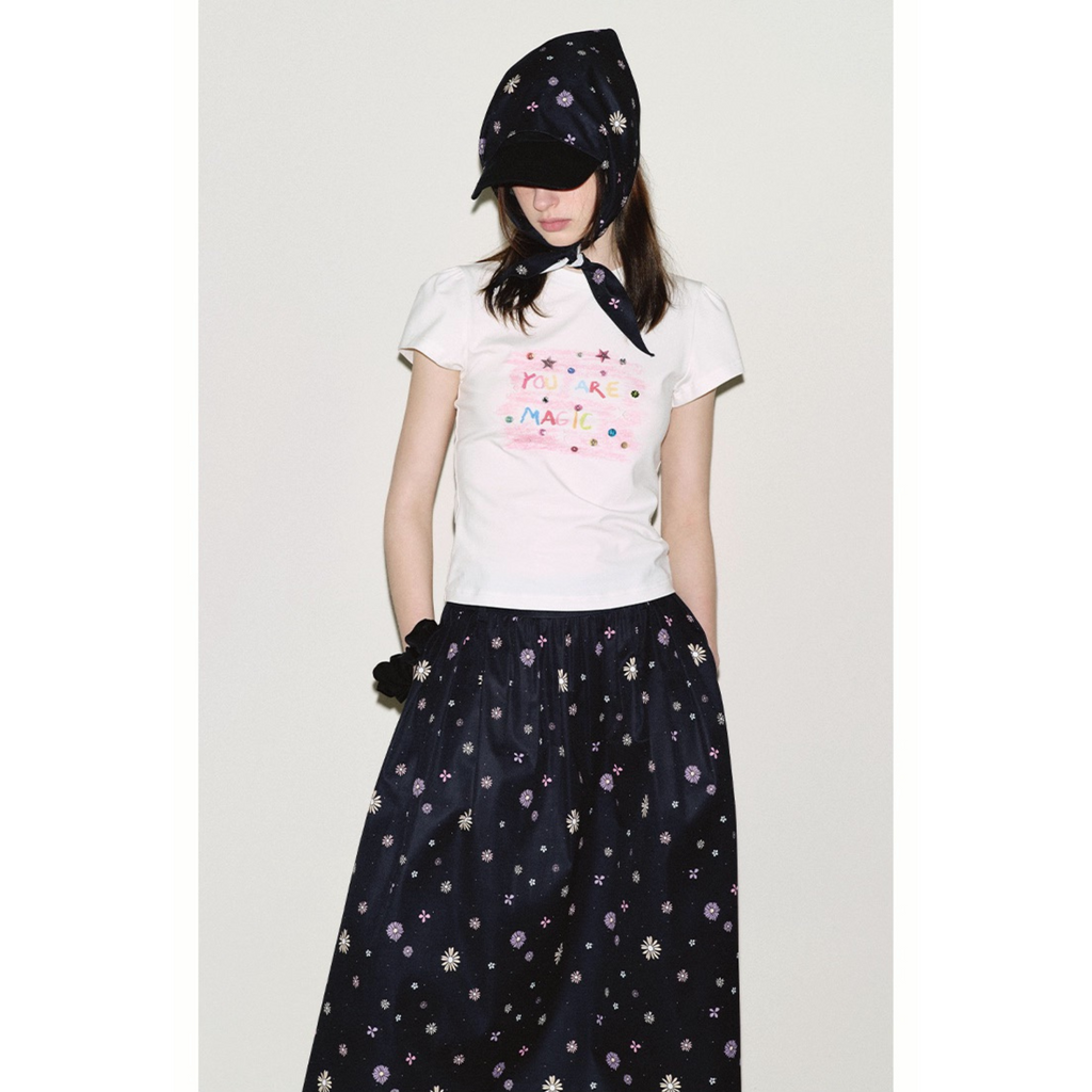 Women’s Puff Sleeve Crew Neck T-Shirt – Graffiti Crayon Print, Hand-Studded Rhinestone Design, Trendy Niche Top