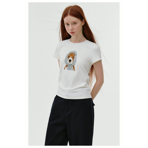 Blume Puppy Print T-Shirt – Women’s Polka Dot Scarf Graphic Tee, Lace Sleeve Summer Top