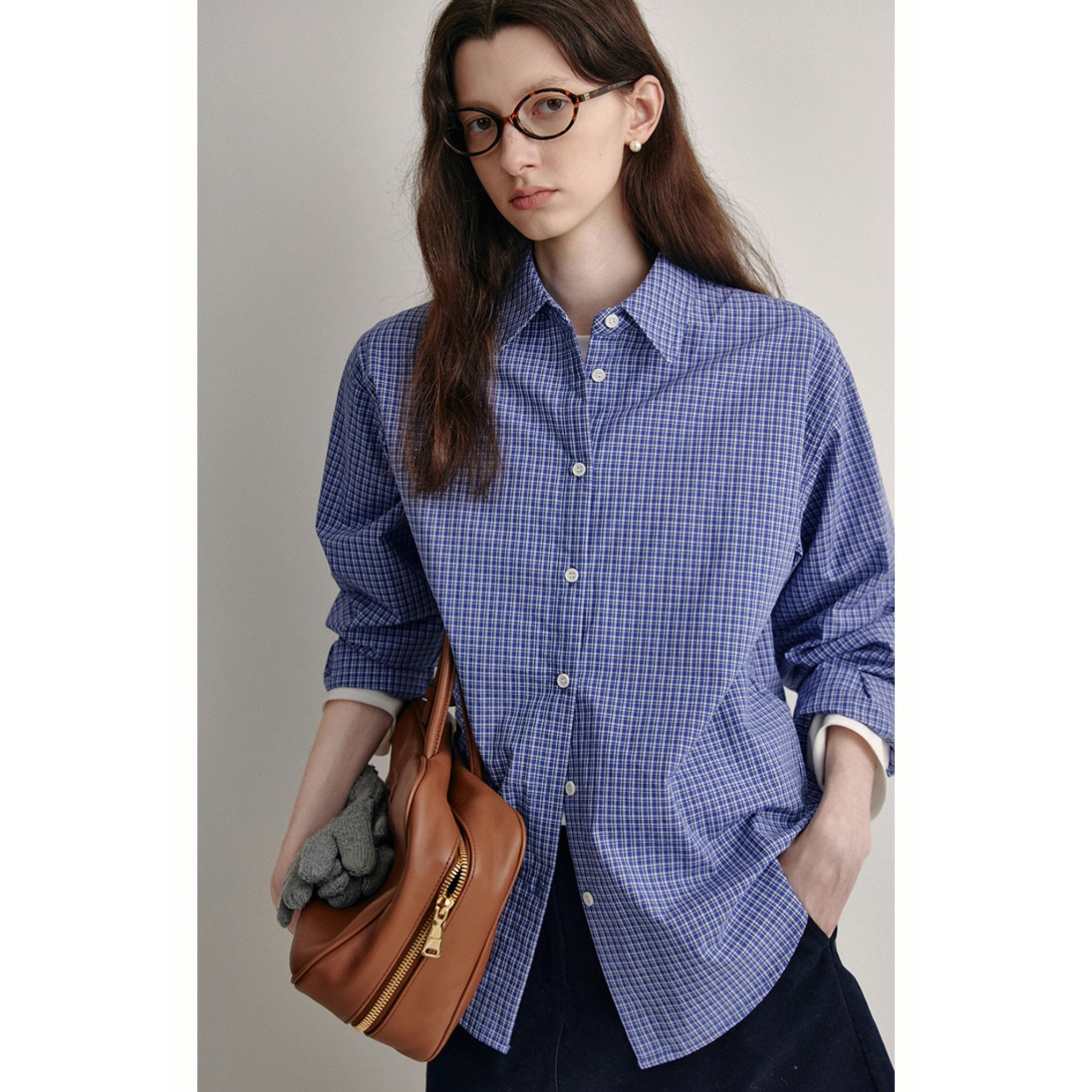Van Lowe Retro College Plaid Shirt – Blue Loose Fit Casual Top for Women Fall 2025
