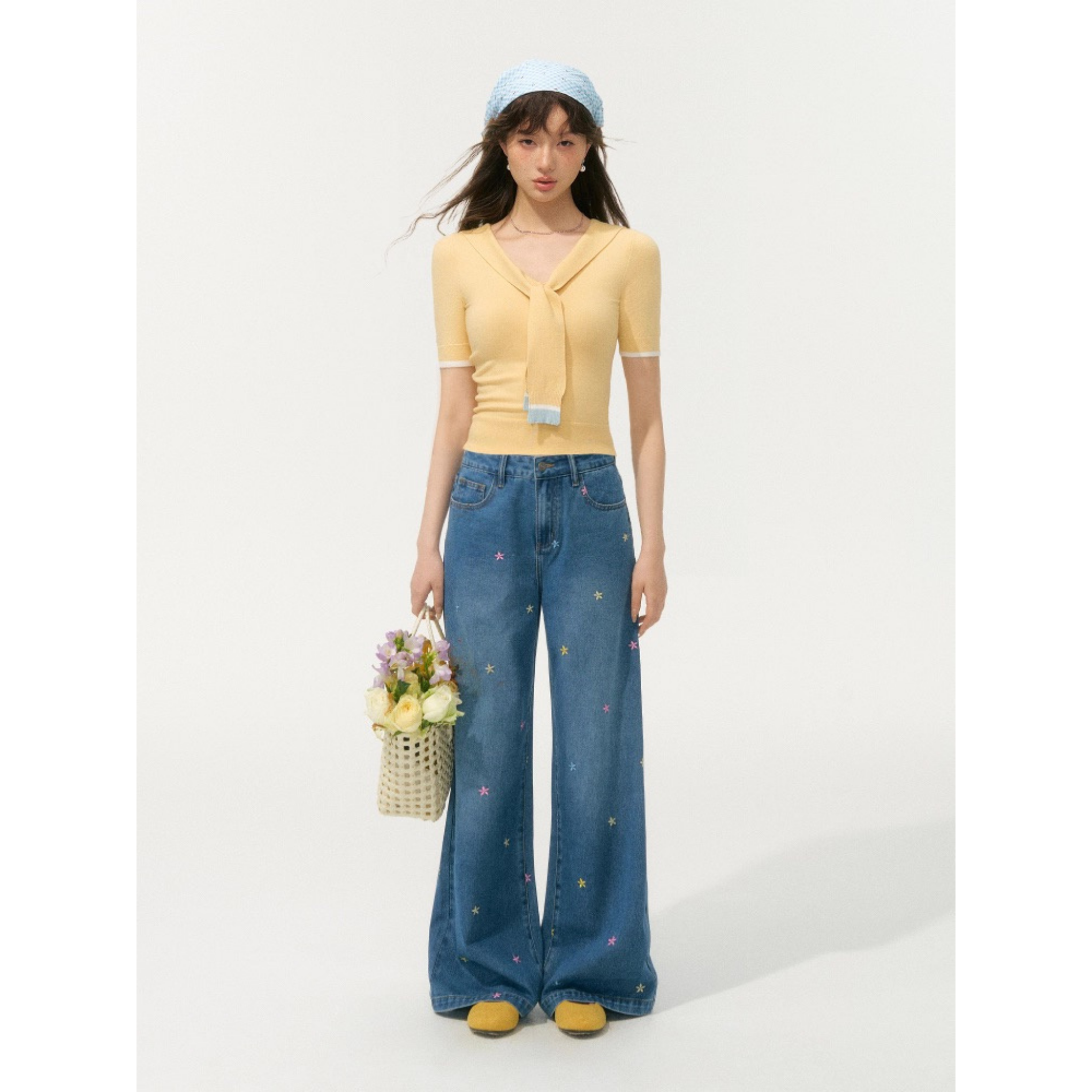 Blume Women’s Embroidered Flower Jeans – Colorful Floral Wide-Leg Trousers, Loose Fit with Elegant Drape