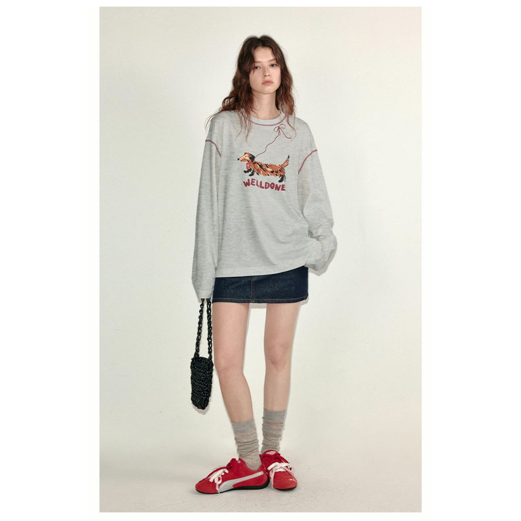 Van Lowe Blume Women’s Long Sleeve T-Shirt – Lazy Wind Leash Puppy Print, Fun Fall 2025 Casual Top