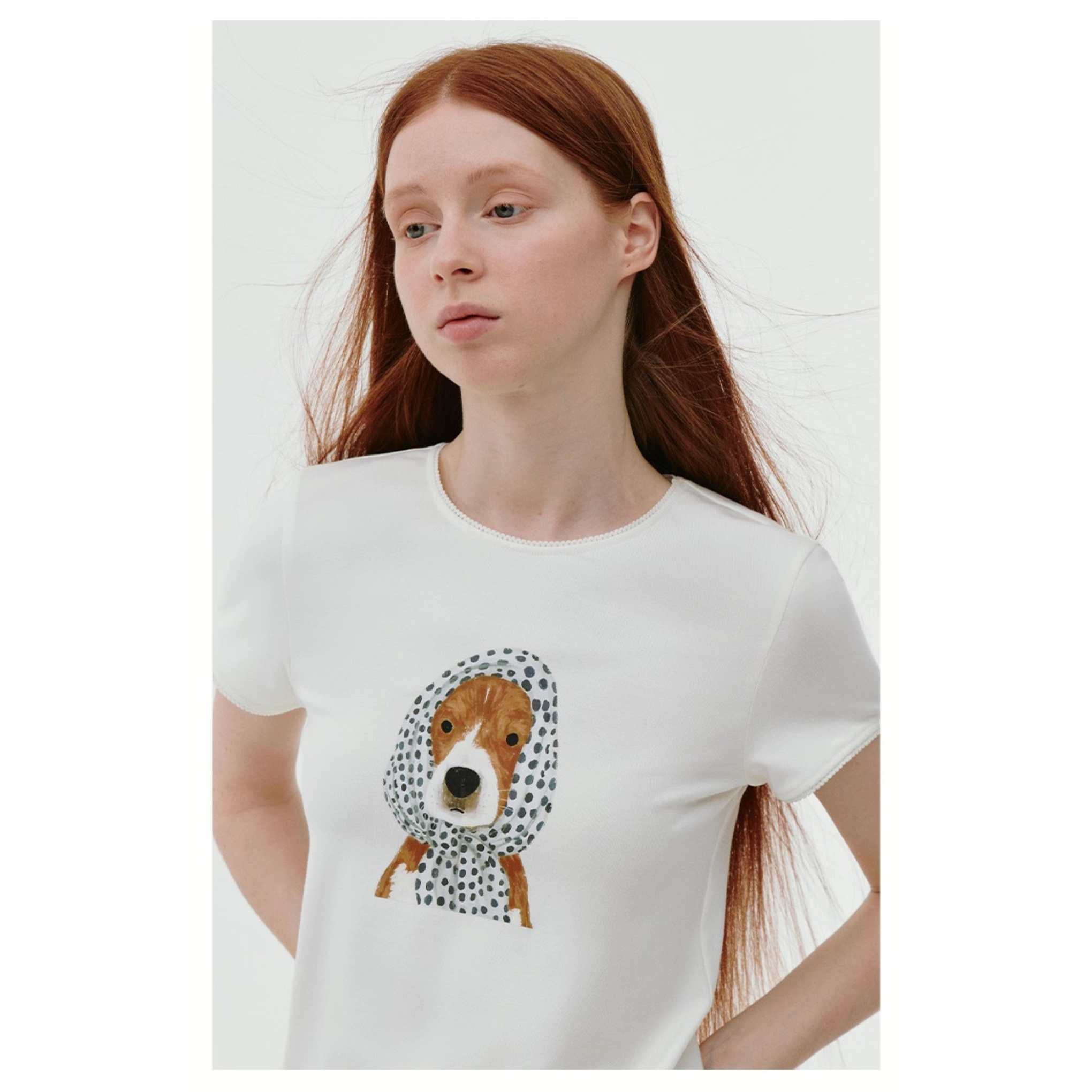Blume Puppy Print T-Shirt – Women’s Polka Dot Scarf Graphic Tee, Lace Sleeve Summer Top