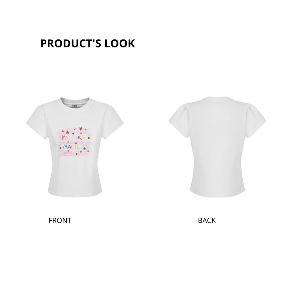 Women’s Puff Sleeve Crew Neck T-Shirt – Graffiti Crayon Print, Hand-Studded Rhinestone Design, Trendy Niche Top