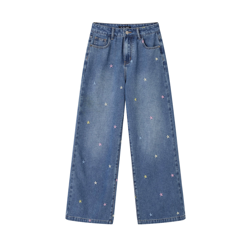 Blume Women’s Embroidered Flower Jeans – Colorful Floral Wide-Leg Trousers, Loose Fit with Elegant Drape