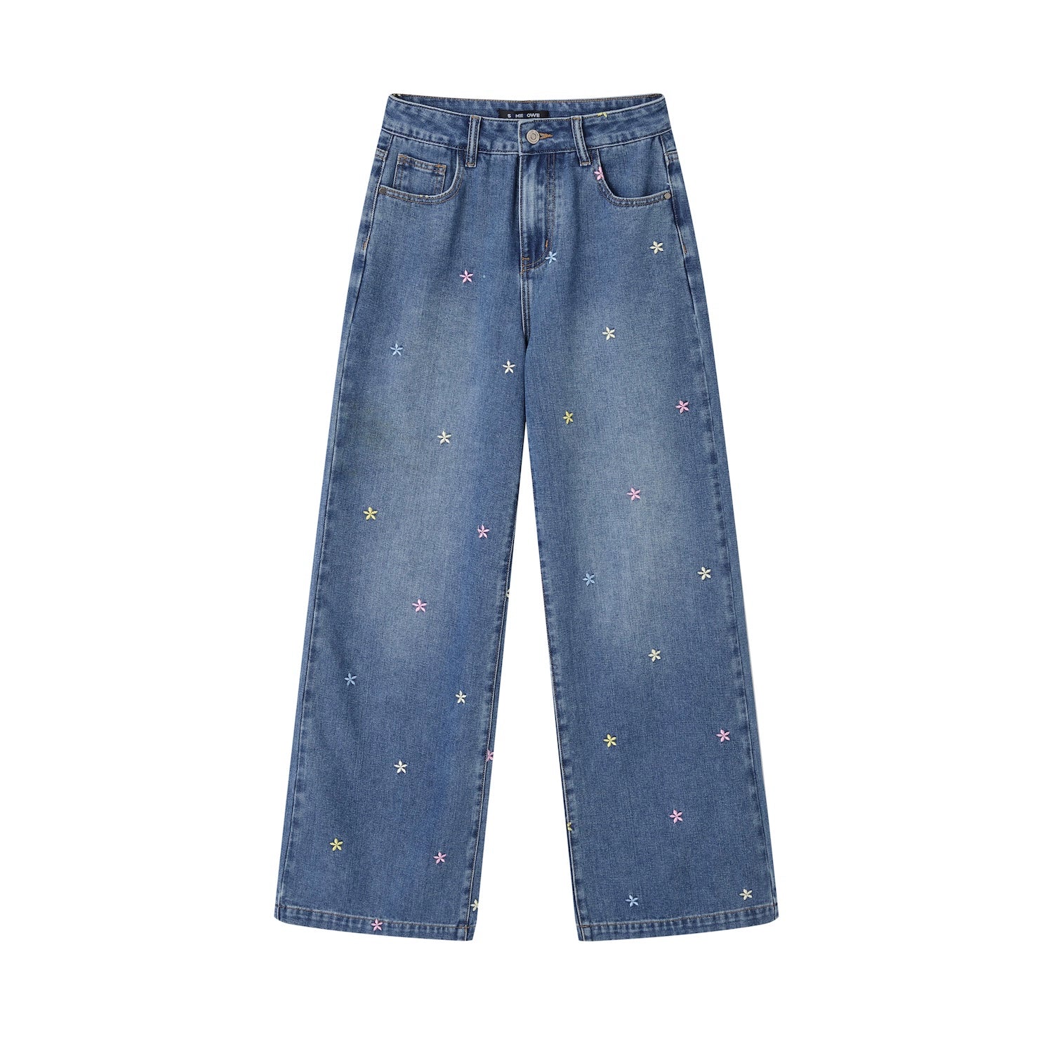 Blume Women’s Embroidered Flower Jeans – Colorful Floral Wide-Leg Trousers, Loose Fit with Elegant Drape