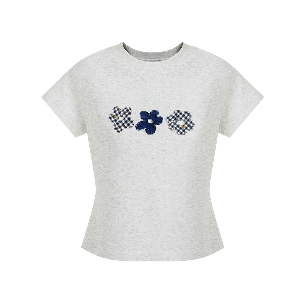 Van Lowe Blume Embroidered Flower Patch T-Shirt – Niche Design Contrast Raglan Sleeve Top for Women Summer 2025