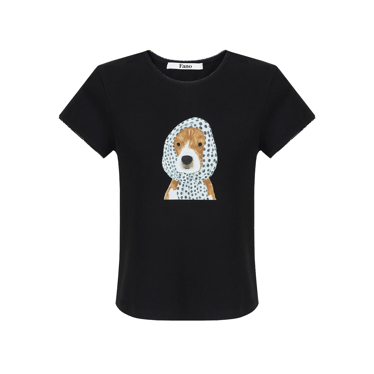 Blume Puppy Print T-Shirt – Women’s Polka Dot Scarf Graphic Tee, Lace Sleeve Summer Top