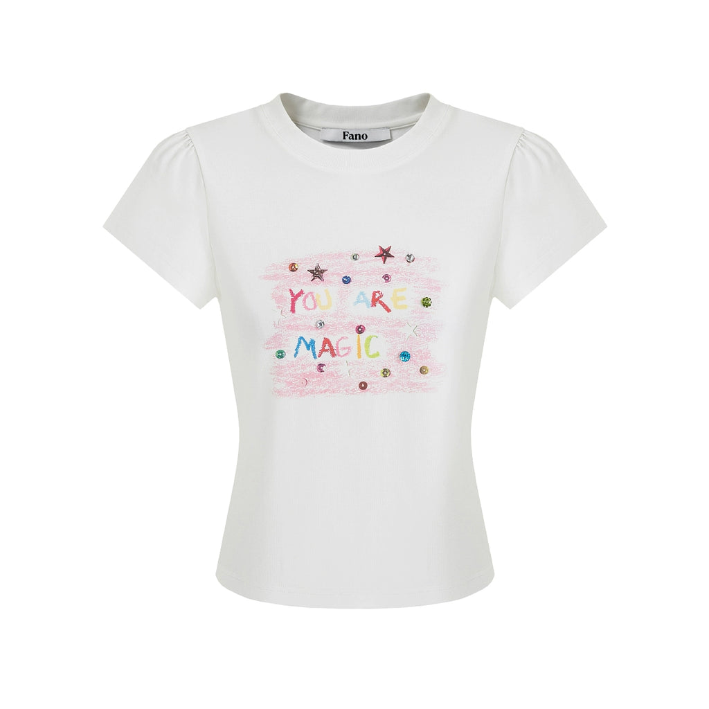 Women’s Puff Sleeve Crew Neck T-Shirt – Graffiti Crayon Print, Hand-Studded Rhinestone Design, Trendy Niche Top