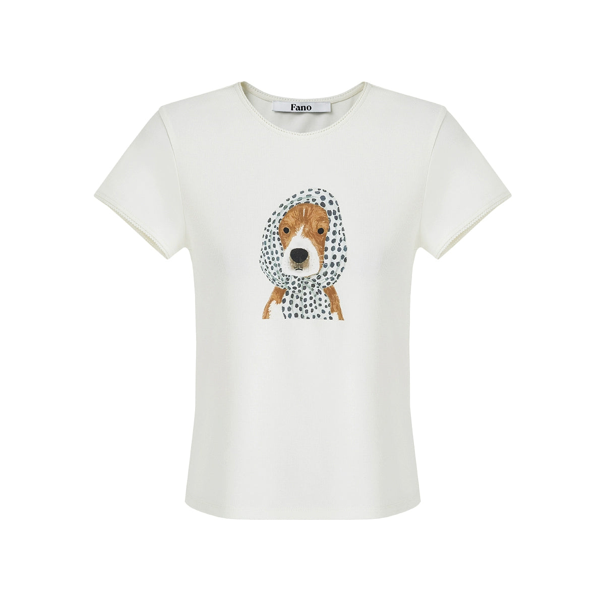 Blume Puppy Print T-Shirt – Women’s Polka Dot Scarf Graphic Tee, Lace Sleeve Summer Top