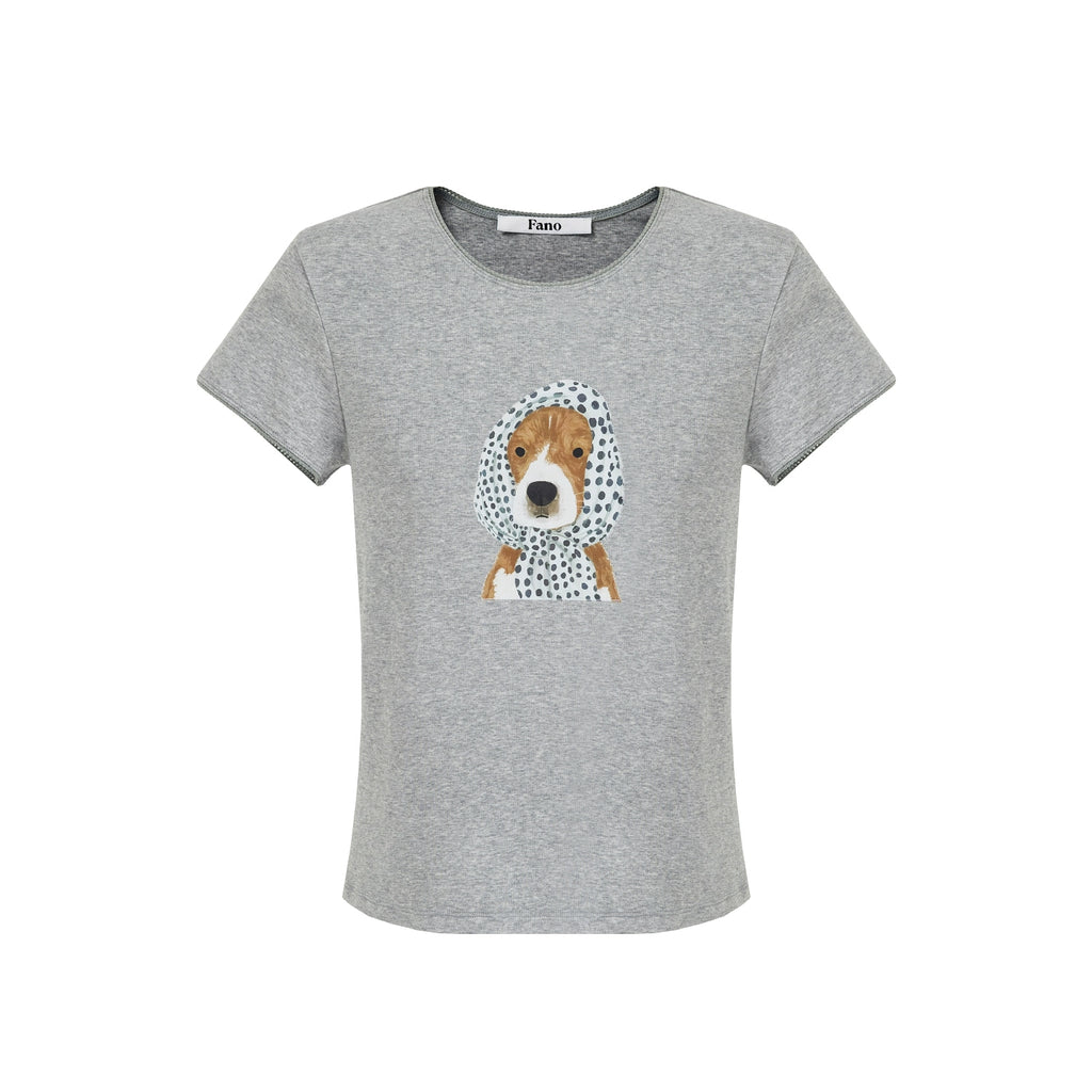 Blume Puppy Print T-Shirt – Women’s Polka Dot Scarf Graphic Tee, Lace Sleeve Summer Top